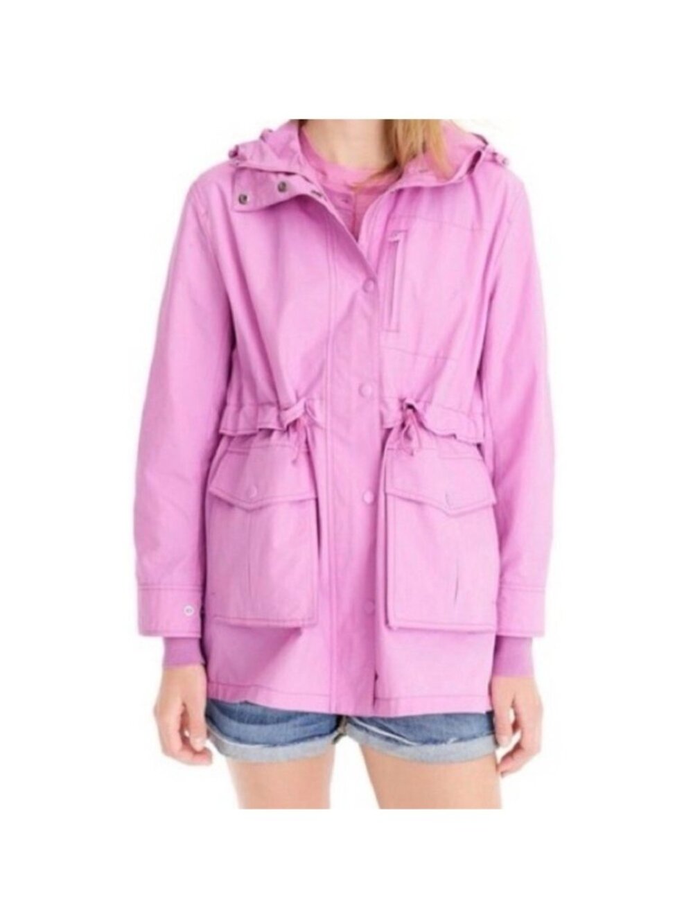J.Crew Perfect Rain Jacket Women M Sundrenched Peony Pink Hooded Utility Coat